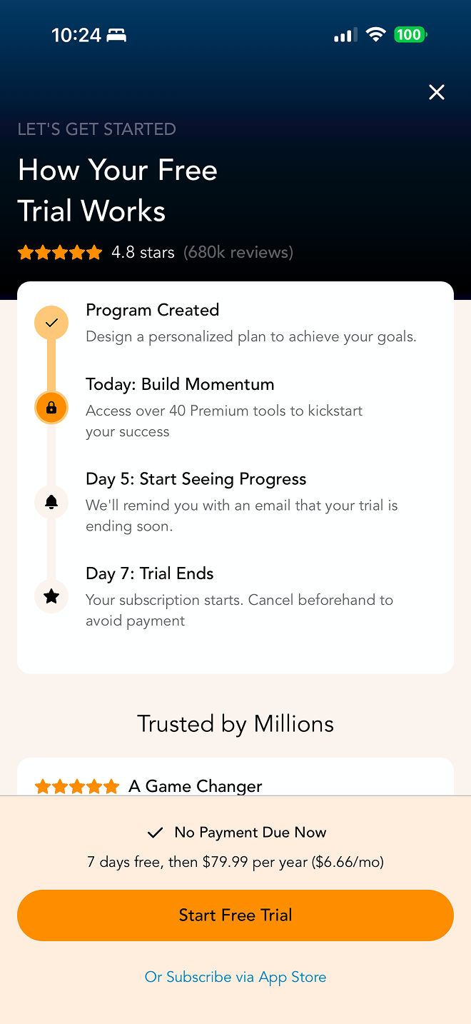 Lose It free trial screen showing 7-day trial converting to $79.99 per year