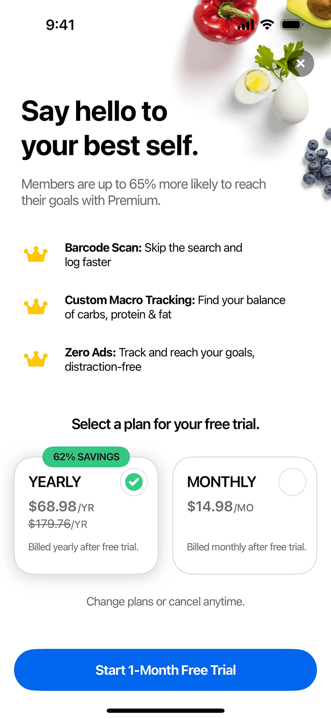 MyFitnessPal premium paywall screen showing yearly and monthly pricing